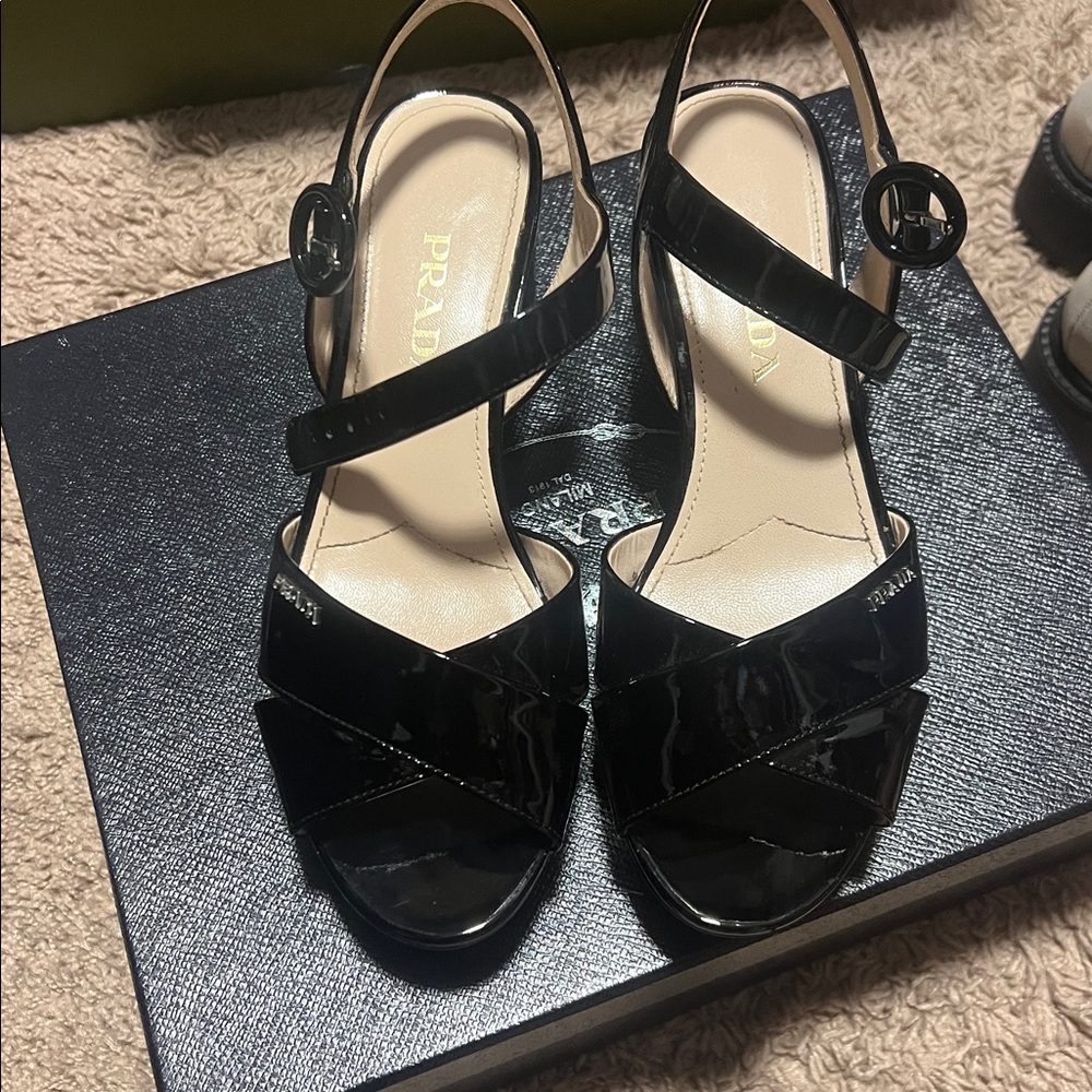 Prada Glossy Black Strappy Heels
